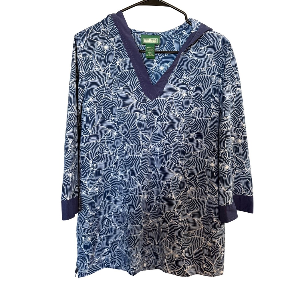 LL Bean Hooded Coverup Tunic M Misses Blue Leaf Boho Beach Resort Vacay Summer